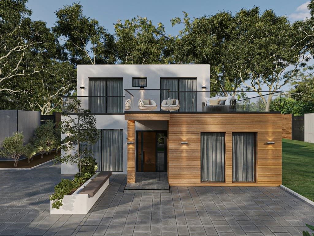 Modernes, energieeffizientes Holzhaus am Abend